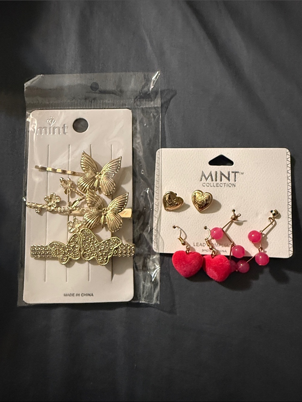 Mint Gold Butterfly Hair Clips and Pink Heart Earrings Set